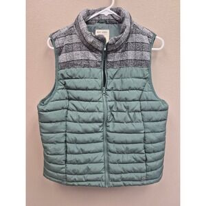 Ruff Hewn Womens Quilted Puffer Vest L Green Plaid Wool Blend Zip